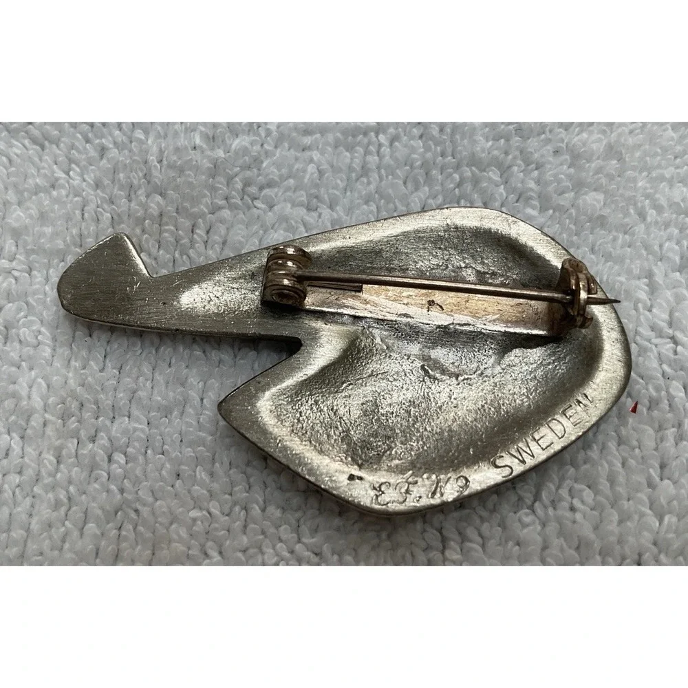 Vintage Swedish Modernist Swan Bird Brooch Pin Pendant Pewter